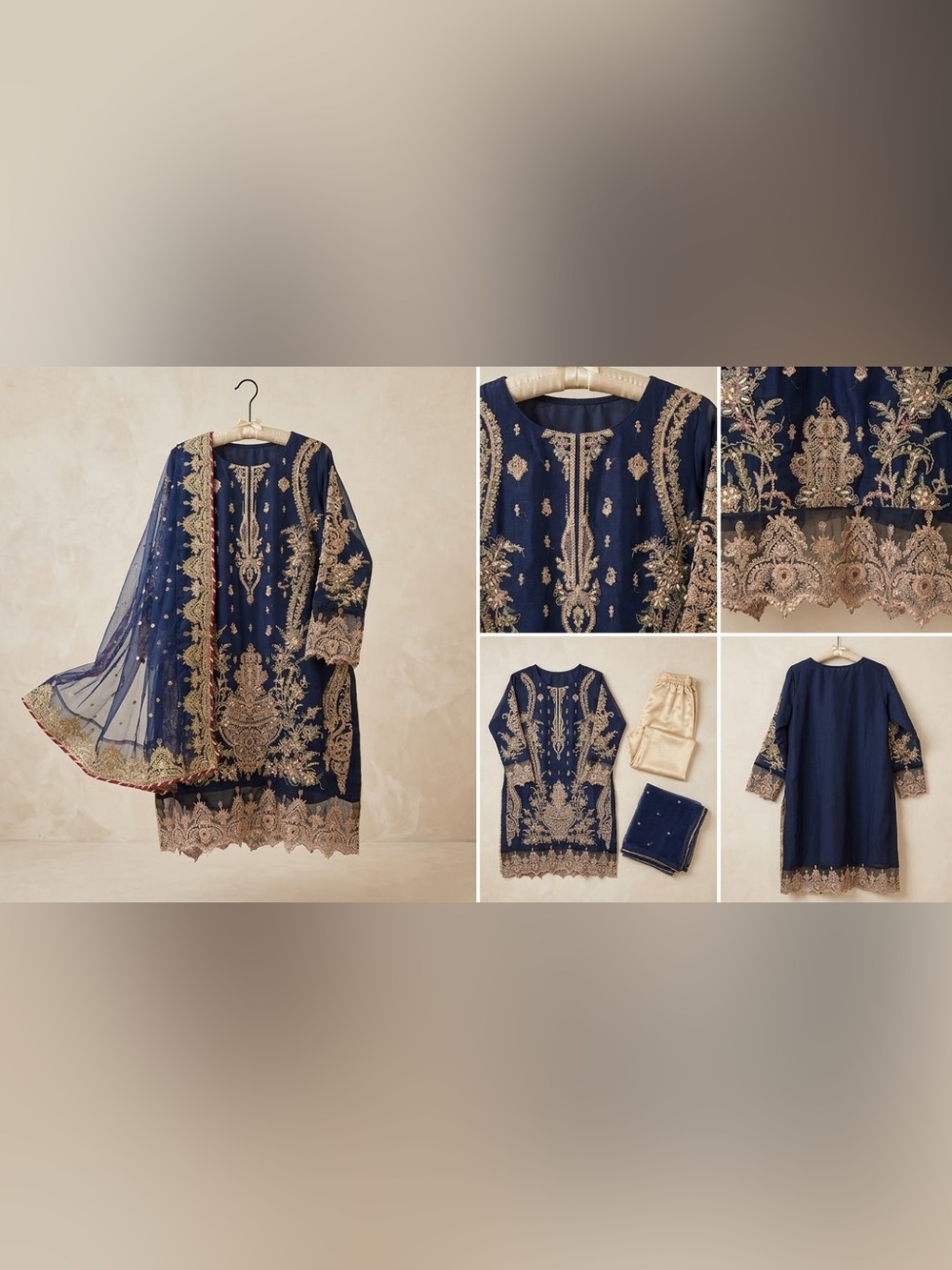 3pc Embroidered Navy Blue Formal suit with Gold & Pastel Accents